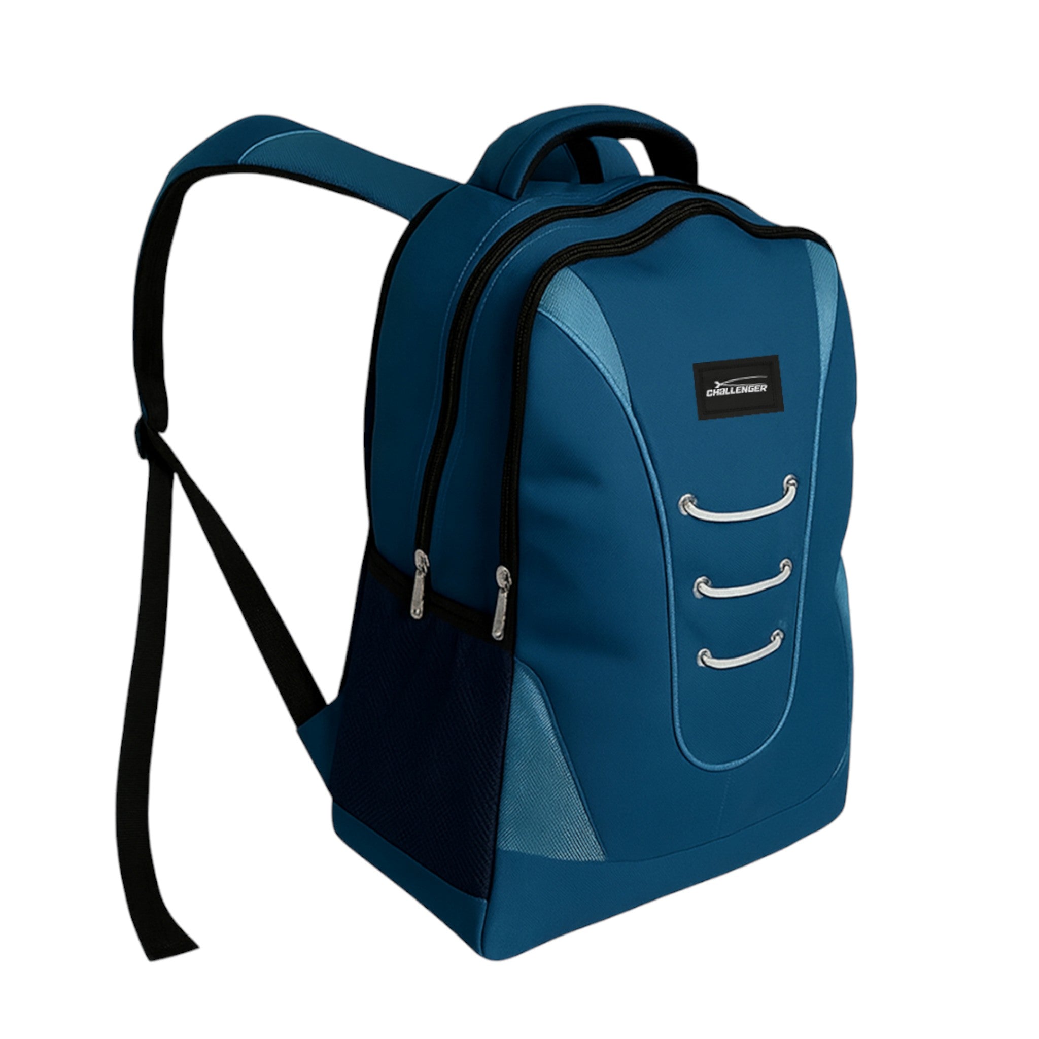 Navy and blue Everyday Challenger dual compartment backpack with padded shoulder straps, side mesh pockets, and durable water-resistant fabric – ideal for school, work, or travel.